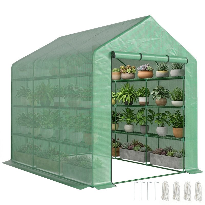 8' x 6' x 7' Portable Walk-In Greenhouse Hot House with 18 Shelves, Water/UV Resistant Weather Cover, & Roll Up Door