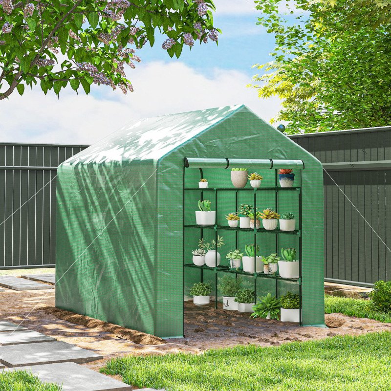 8' x 6' x 7' Portable Walk-In Greenhouse Hot House with 18 Shelves, Water/UV Resistant Weather Cover, & Roll Up Door