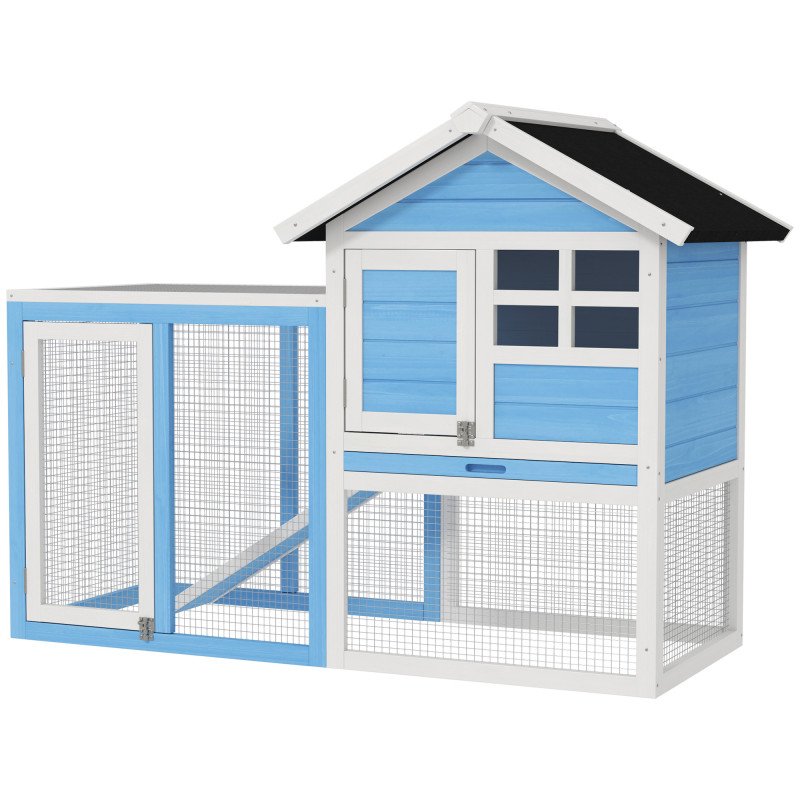 49" Wooden Rabbit Hutch With Slant Roof and Run, Light Blue