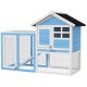 49" Wooden Rabbit Hutch With Slant Roof and Run, Light Blue