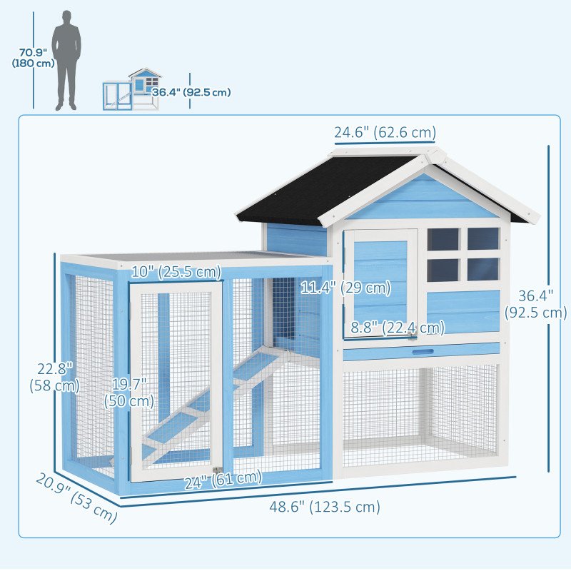 49" Wooden Rabbit Hutch With Slant Roof and Run, Light Blue