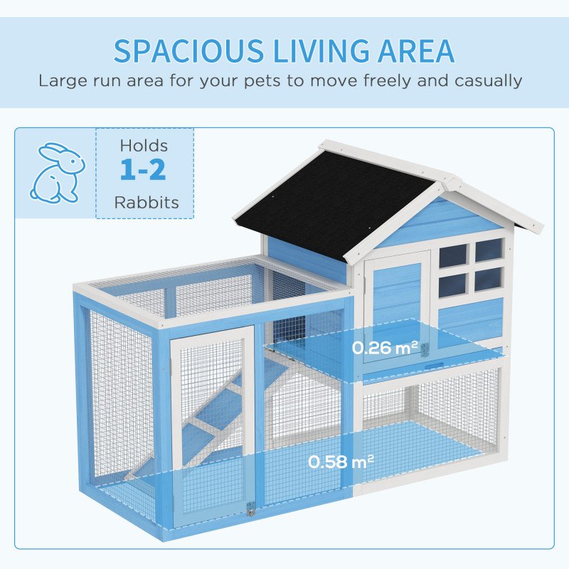 49" Wooden Rabbit Hutch With Slant Roof and Run, Light Blue
