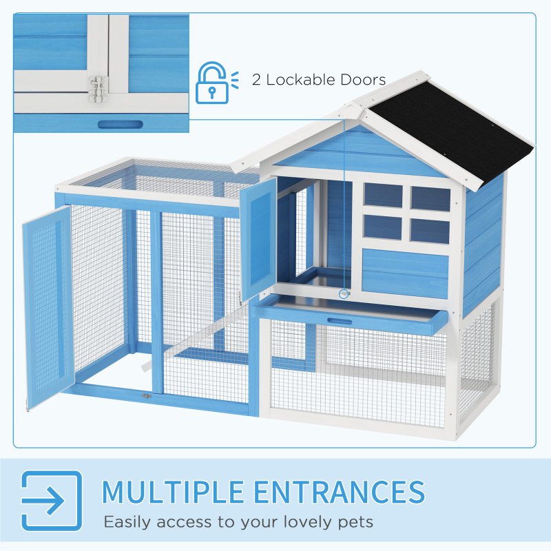 49" Wooden Rabbit Hutch With Slant Roof and Run, Light Blue