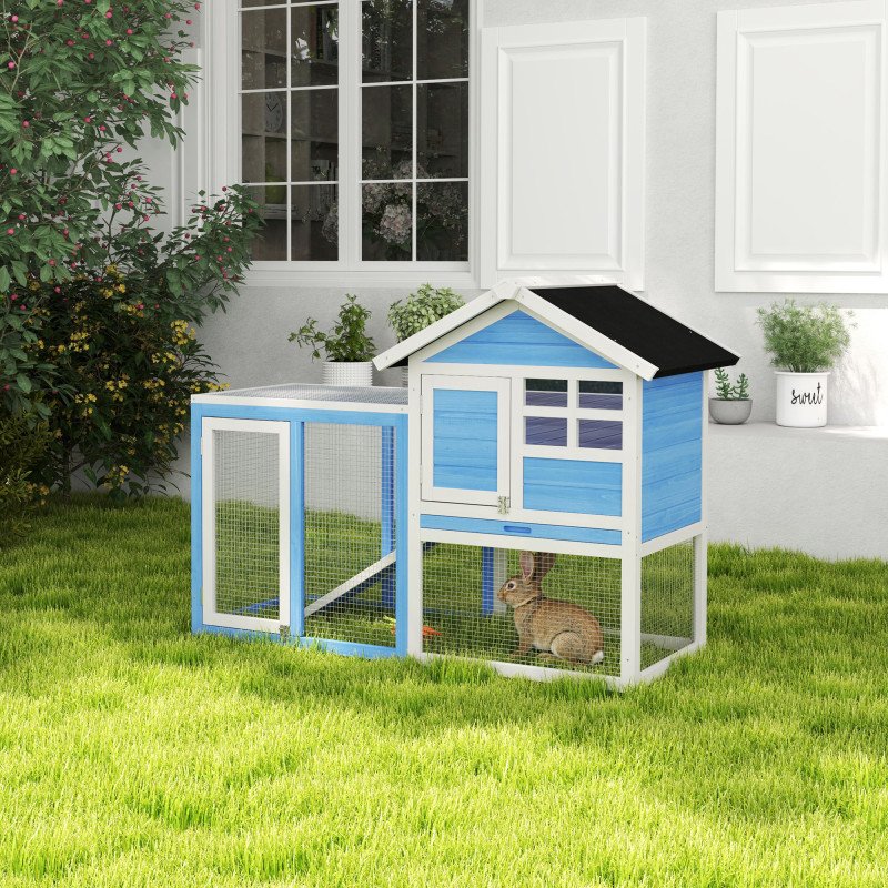 49" Wooden Rabbit Hutch With Slant Roof and Run, Light Blue