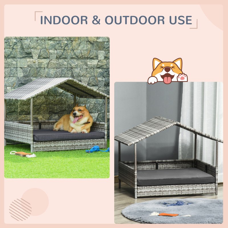 Wicker Pet House Dog Bed for Indoor/Outdoor Rattan Furniture with Cushion