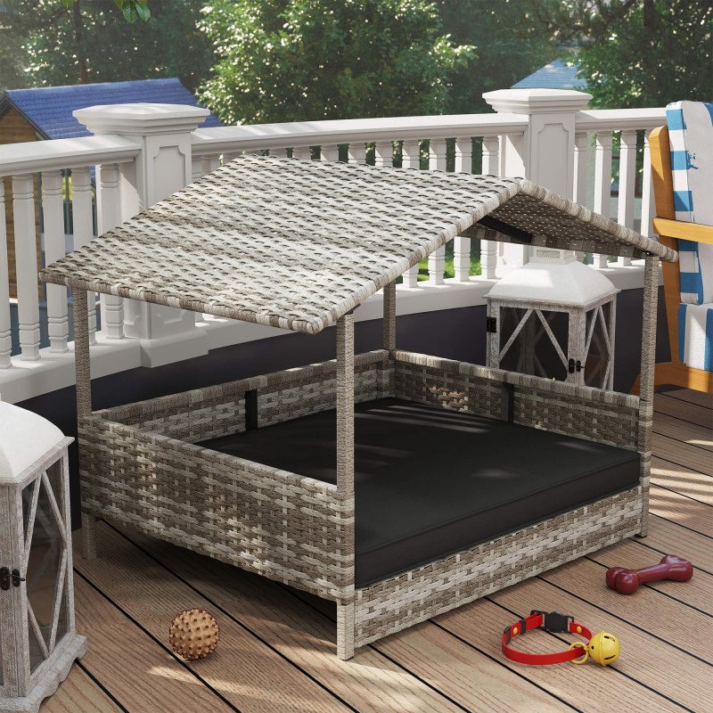 Wicker Pet House Dog Bed for Indoor/Outdoor Rattan Furniture with Cushion