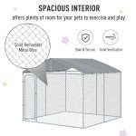 Dog Kennel Outdoor Run Fence with Roof, Steel Lock, Mesh Sidewalls for Backyard & Patio, 9.8' x 9.8' x 7.7'