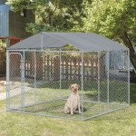 Dog Kennel Outdoor Run Fence with Roof, Steel Lock, Mesh Sidewalls for Backyard & Patio, 9.8' x 9.8' x 7.7'