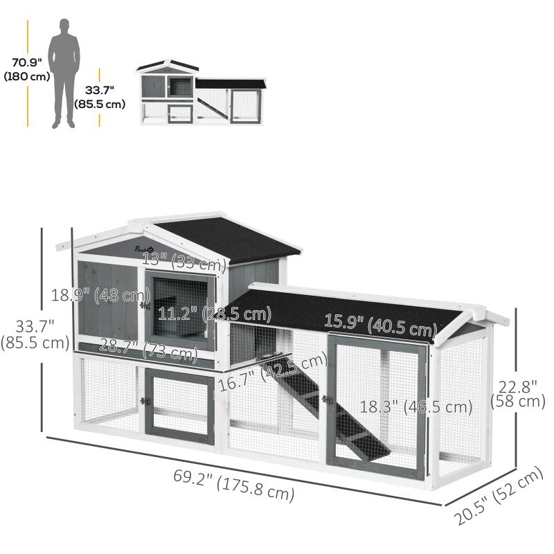 69"L Wooden Rabbit Hutch Pet Playpen Bunny House Enclosure with Run Box, Slide-out Tray, Ramp, White
