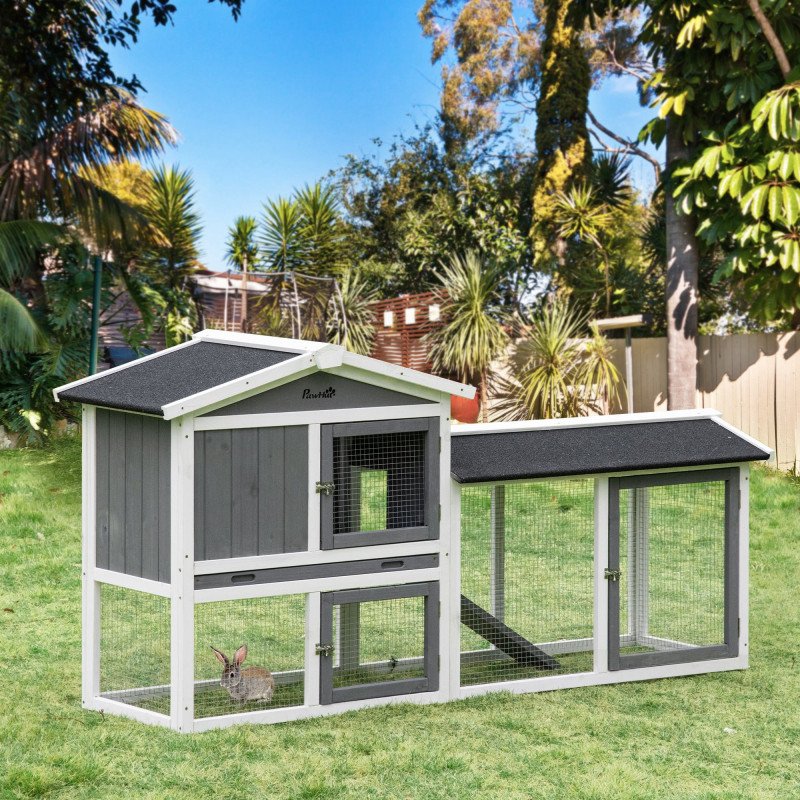 69"L Wooden Rabbit Hutch Pet Playpen Bunny House Enclosure with Run Box, Slide-out Tray, Ramp, White