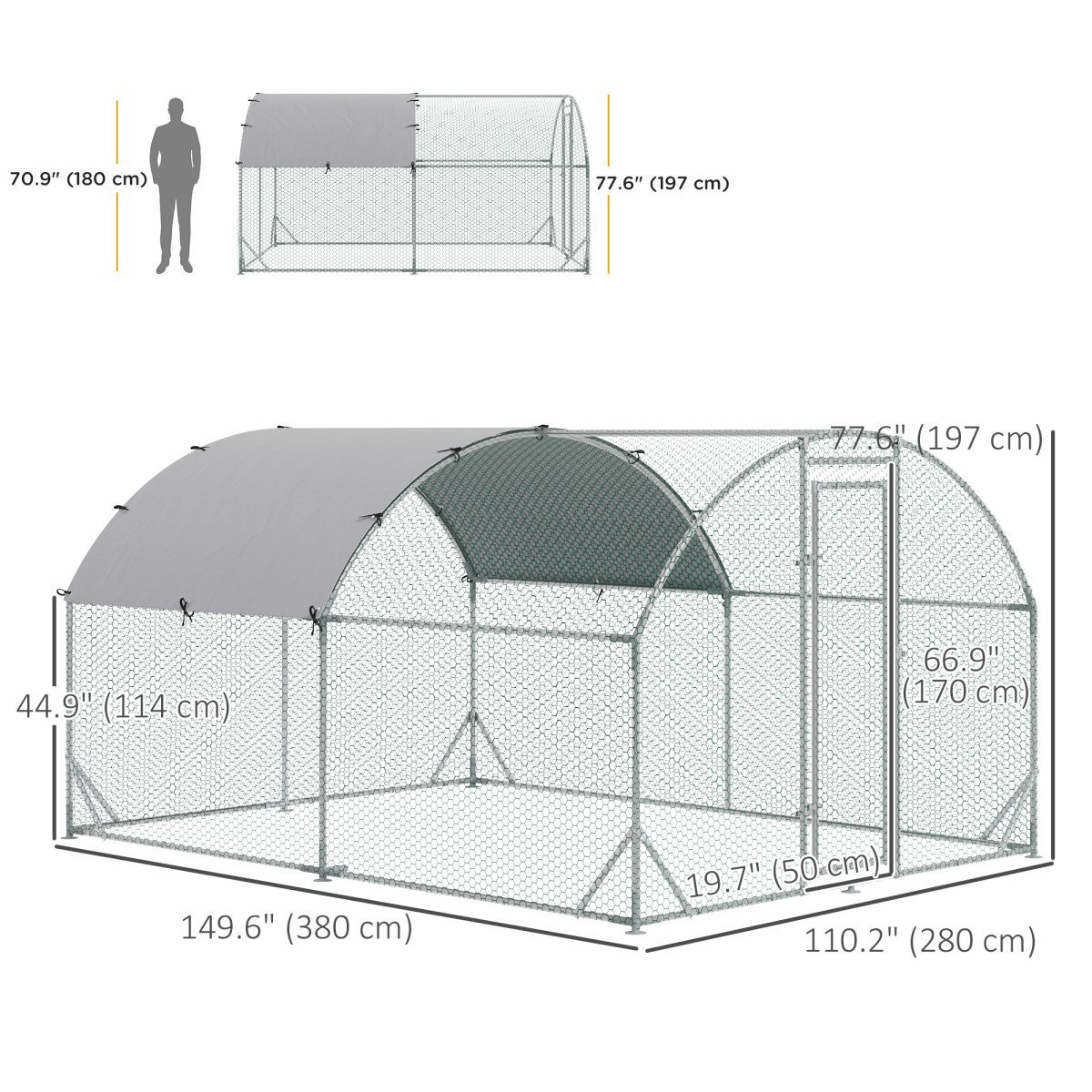 Galvanized Large Metal Chicken Coop Cage Walk-in Enclosure Poultry Hen Run House Playpen Rabbit Hutch with Cover for Outdoor Backyard 9.2' x 12.5' x 6.5' Silver