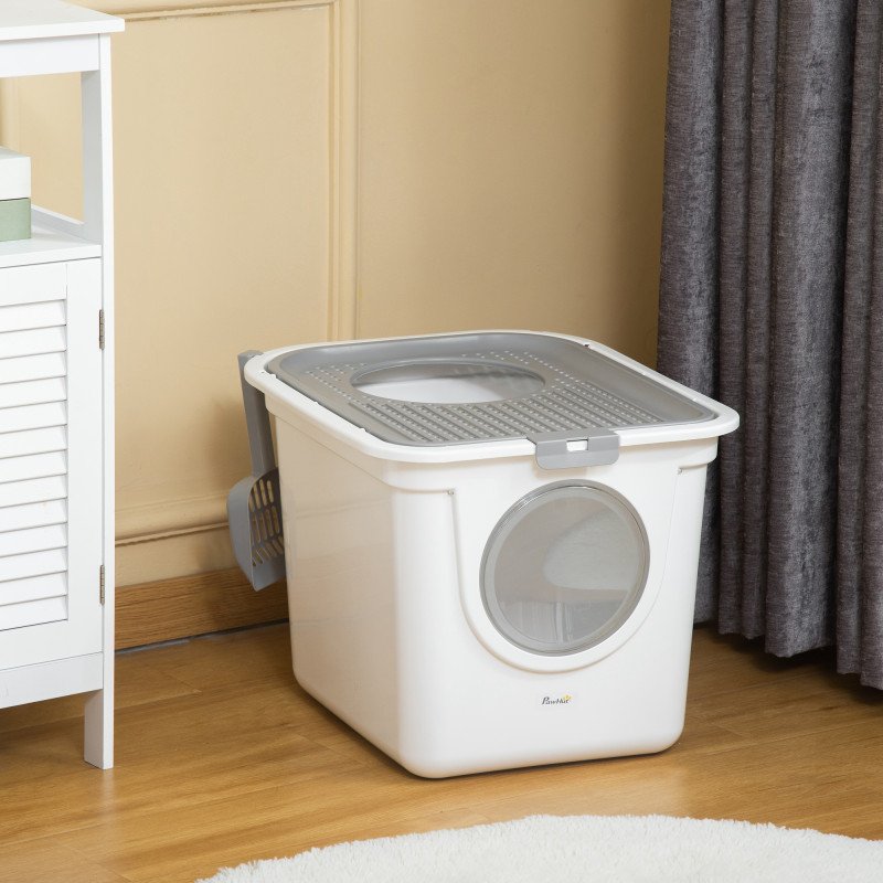 Enclosed Cat Litter Box, Easy Cleaning Kitty Litter Box with Front Entrance, Top Exit, Scoop, White