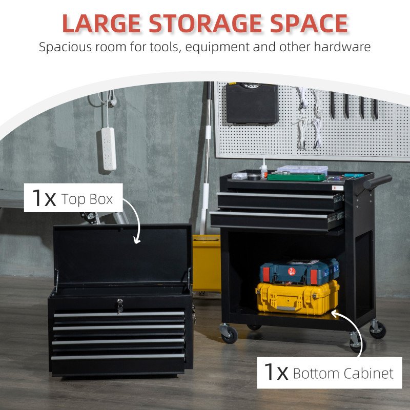 6-Drawer Tool Chest Set with 4 Wheels, Lockable Rolling Tool Box and Storage Cabinet for Garage Factory Workshop, Black