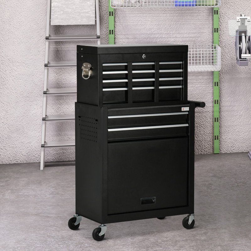 6-Drawer Tool Chest Set with 4 Wheels, Lockable Rolling Tool Box and Storage Cabinet for Garage Factory Workshop, Black