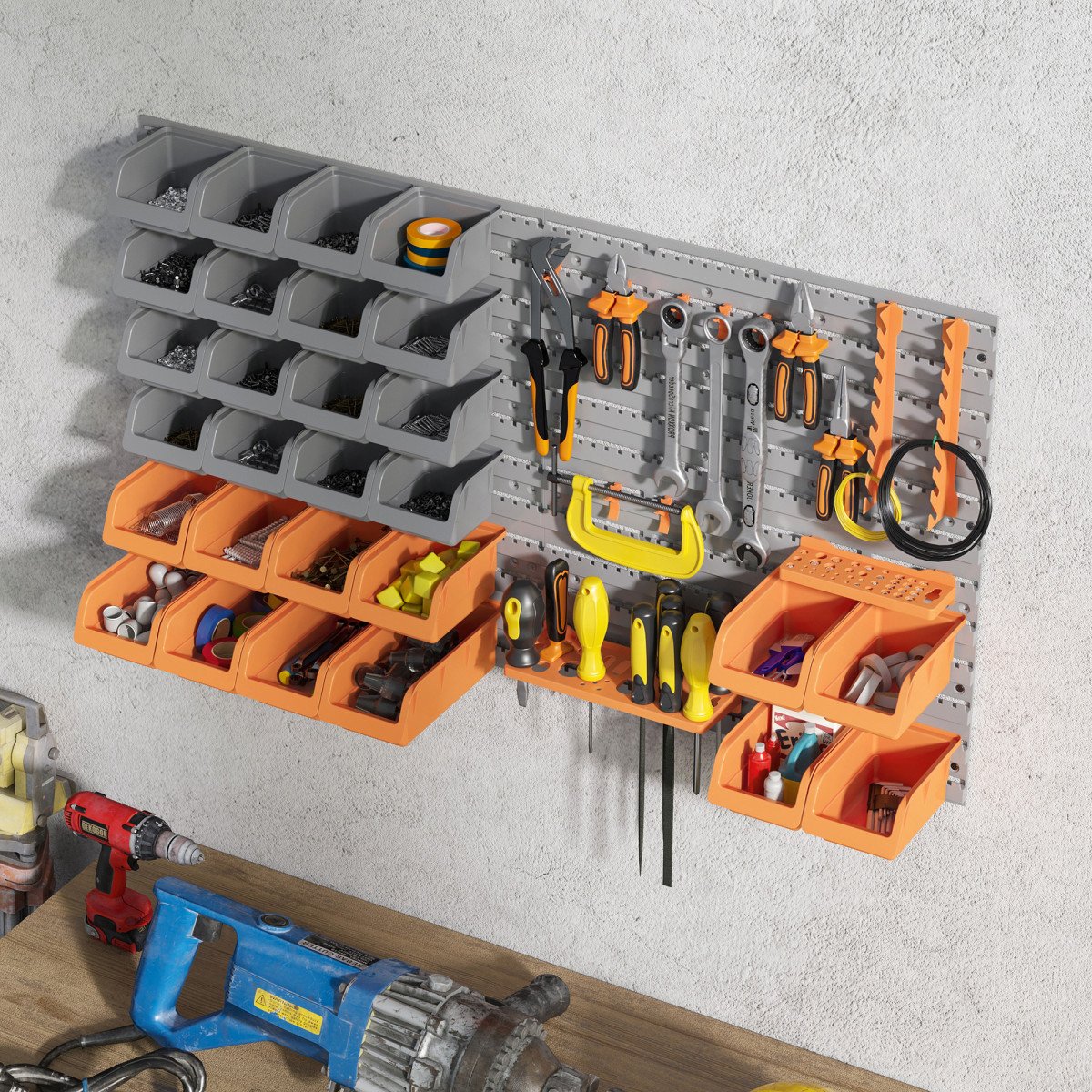 44PC Wall Mounted Storage Bins Parts Rack Kit with Storage Bins, Pegboard and Hooks, Garage Plastic Organizer, Orange