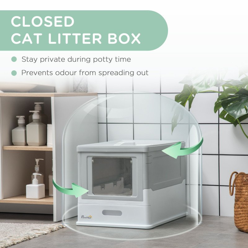Top Entry Enclosed Kitty Litter Box with Scoop, Tray, Front Entry, Large Space, Foldable, Portable, Grey