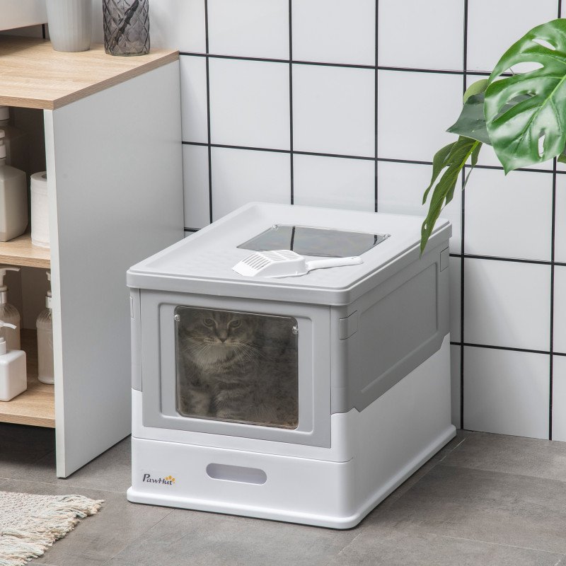 Top Entry Enclosed Kitty Litter Box with Scoop, Tray, Front Entry, Large Space, Foldable, Portable, Grey