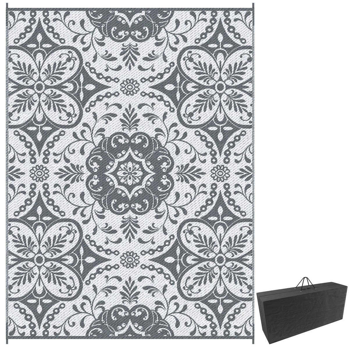 Portable Outdoor Rug with Carry Bag, 9' x 12' Reversible Mat, Waterproof Plastic Straw RV Rug for Backyard, Deck, Picnic, Beach, Camping, Gray & White Flower