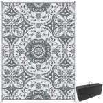 Portable Outdoor Rug with Carry Bag, 9' x 12' Reversible Mat, Waterproof Plastic Straw RV Rug for Backyard, Deck, Picnic, Beach, Camping, Gray & White Flower