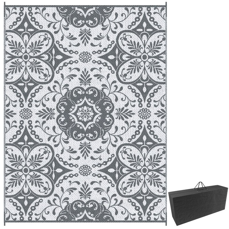 Portable Outdoor Rug with Carry Bag, 9' x 12' Reversible Mat, Waterproof Plastic Straw RV Rug for Backyard, Deck, Picnic, Beach, Camping, Gray & White Flower