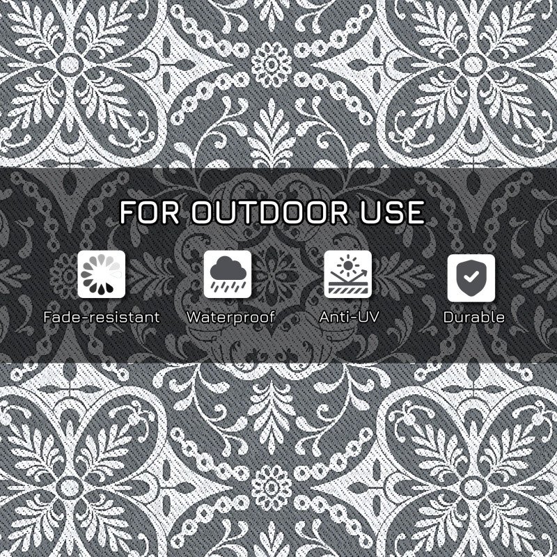 Portable Outdoor Rug with Carry Bag, 9' x 12' Reversible Mat, Waterproof Plastic Straw RV Rug for Backyard, Deck, Picnic, Beach, Camping, Gray & White Flower