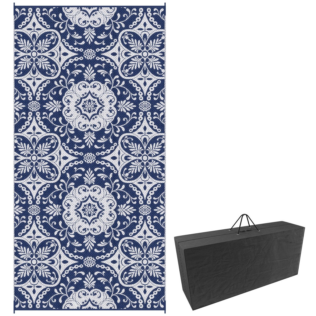 Portable Outdoor Rug with Carry Bag, 9' x 18' Reversible Mat, Waterproof Plastic Straw RV Rug, Blue & White Flower