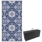 Portable Outdoor Rug with Carry Bag, 9' x 18' Reversible Mat, Waterproof Plastic Straw RV Rug, Blue & White Flower