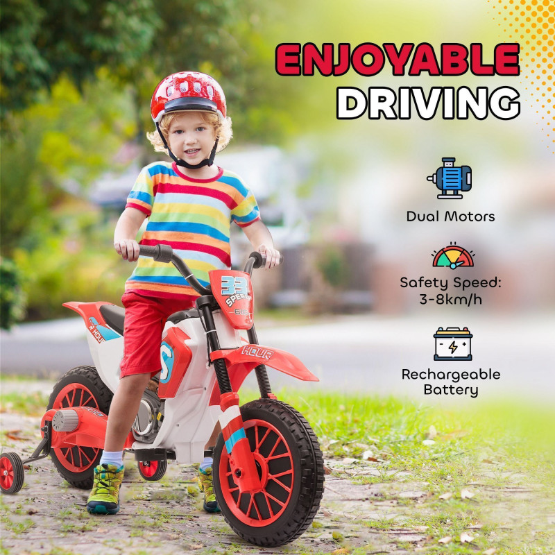 Kids Dirt Bike Battery-Powered Ride-On Electric Motorcycle with Charging 12V Battery, Training Wheels, Red