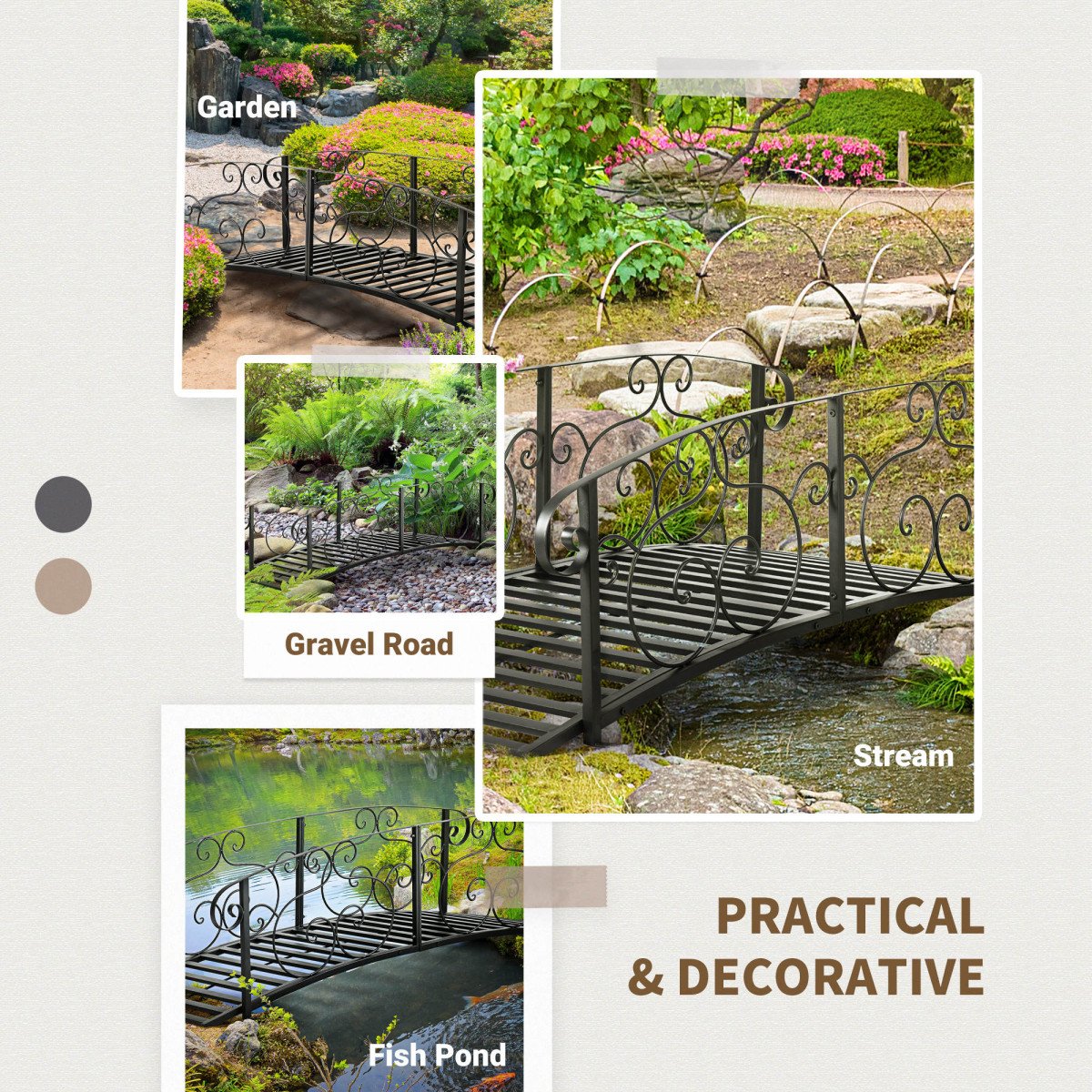 6FT Steel Garden Bridge with Safety Siderails, Decorative Arc Landscaping Bridge for Backyard Creek Stream Pond, Black