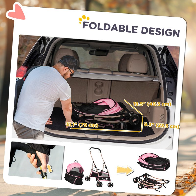4 Wheels Pet Stroller, 3 in 1 Dog Cat Travel Folding Carrier, for Small Dogs, Detachable, w/ Brake, Canopy, Basket, Storage Bag - Pink
