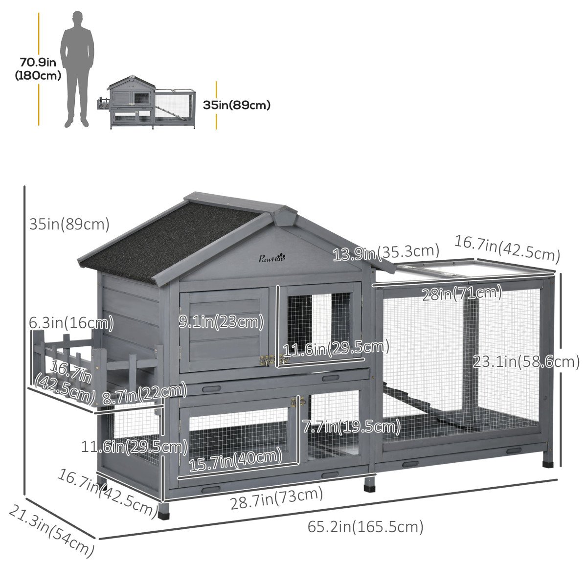 65" Wooden Rabbit Hutch, Pet Playpen with Openable Roof, Storage Box, for Rabbits and Small Animals, Dark Grey