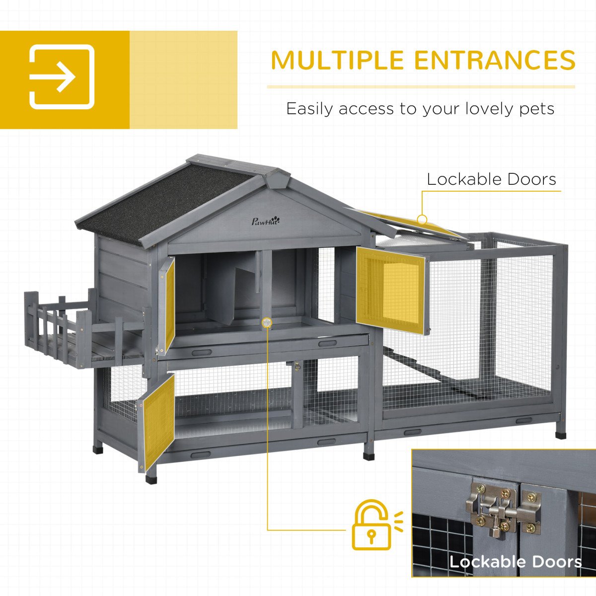 65" Wooden Rabbit Hutch, Pet Playpen with Openable Roof, Storage Box, for Rabbits and Small Animals, Dark Grey