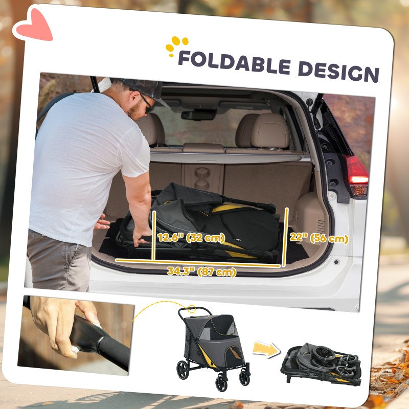 Foldable Pet Stroller with Universal Front Wheels, Shock Absorber, Dog Cat Carriage for Large & Medium Dogs, Dark Grey
