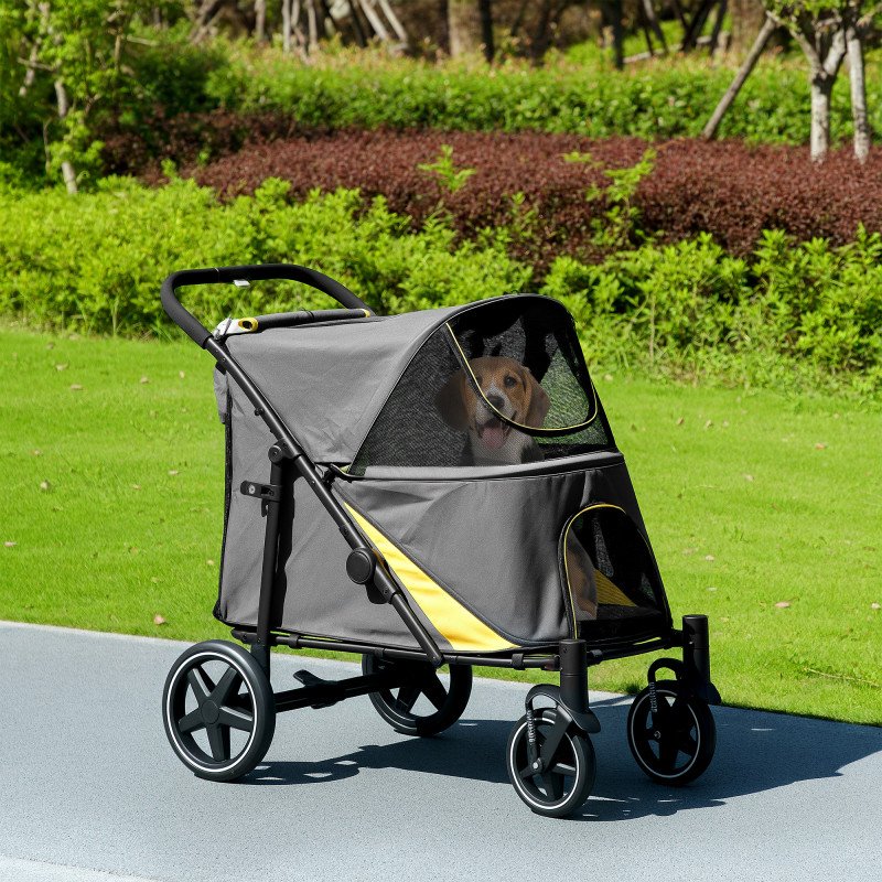 Foldable Pet Stroller with Universal Front Wheels, Shock Absorber, Dog Cat Carriage for Large & Medium Dogs, Dark Grey
