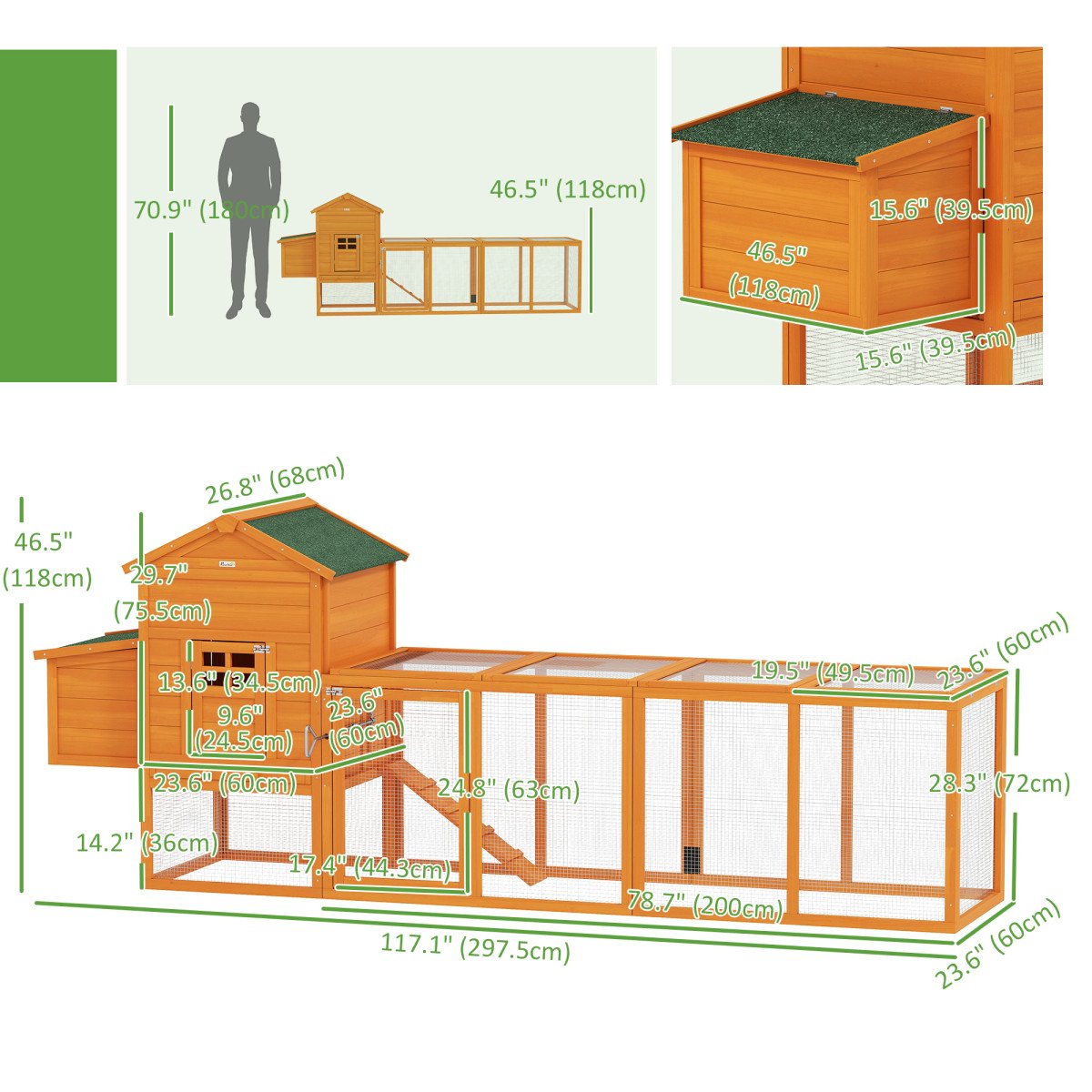 117" Extra Large Chicken Coop with Asphalt Roof, Wooden Hen House with Slide-out Tray, Quail Hutch with Nesting Box, Orange