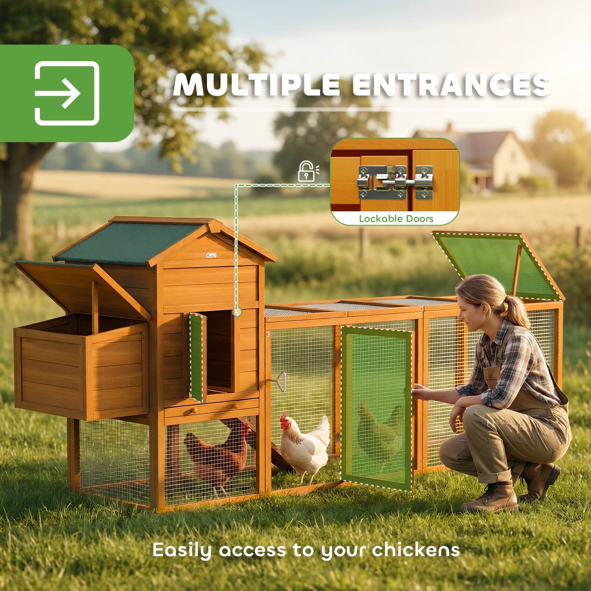 117" Extra Large Chicken Coop with Asphalt Roof, Wooden Hen House with Slide-out Tray, Quail Hutch with Nesting Box, Orange