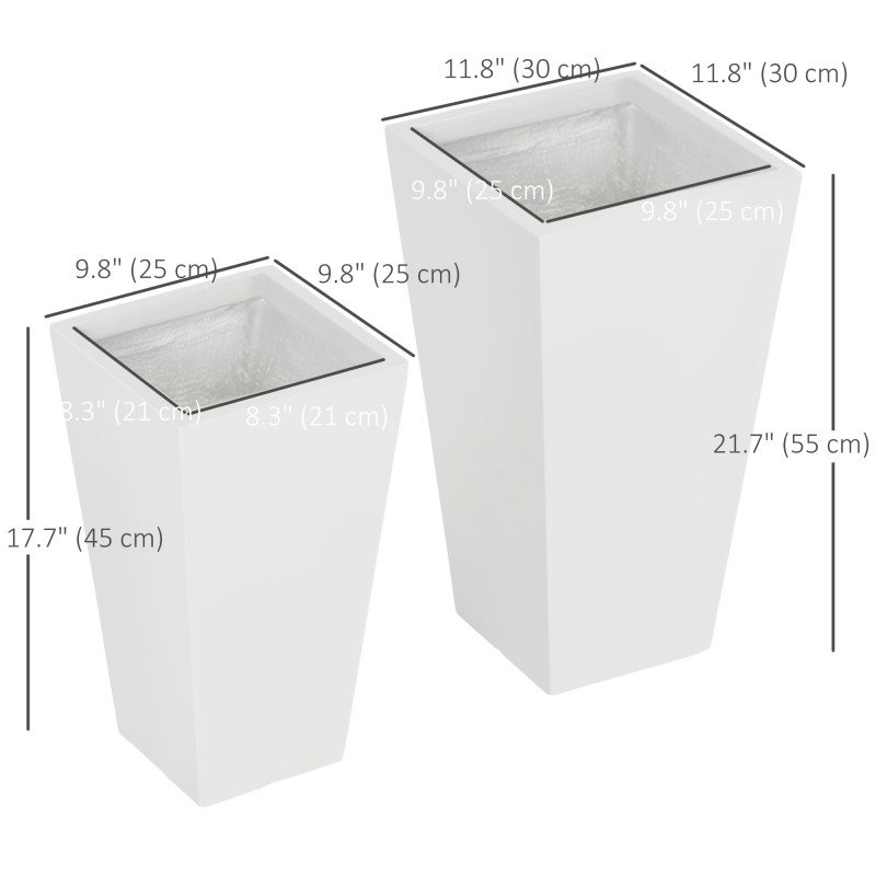Set of 2 Tall Planters with Drainage Holes, 22" / 18" Outdoor Flower Pots for Patio, Yard, Garden, White