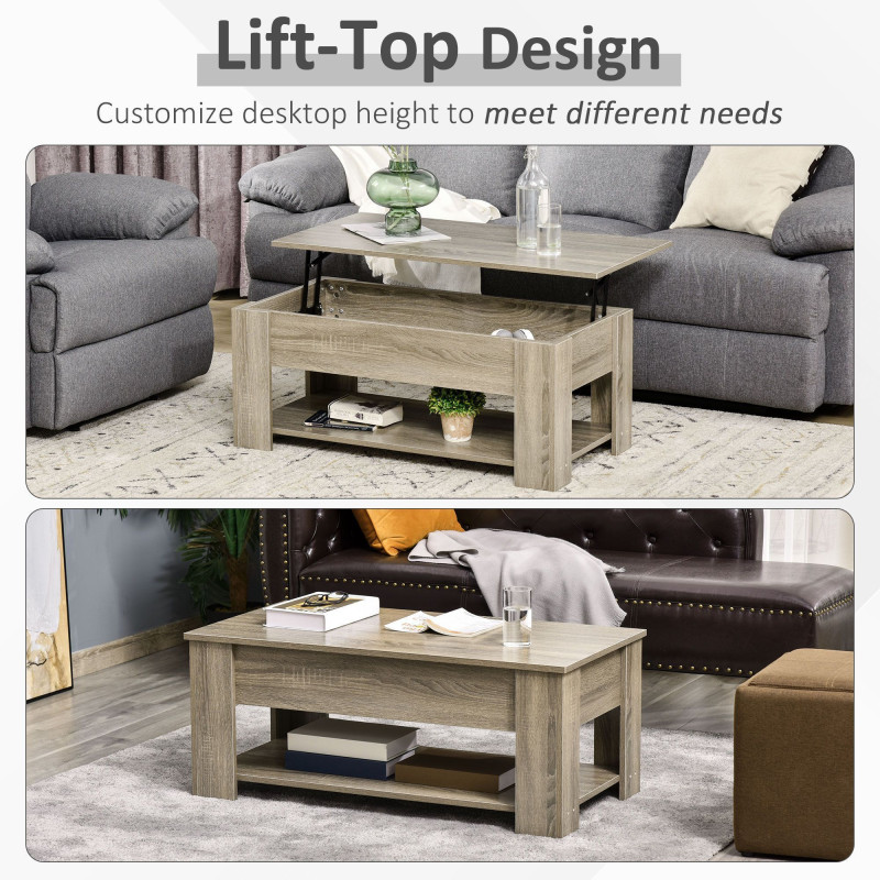 Lift Top Coffee Table with Hidden Storage Compartment and Open Shelf, Center Table for Living Room, Grey