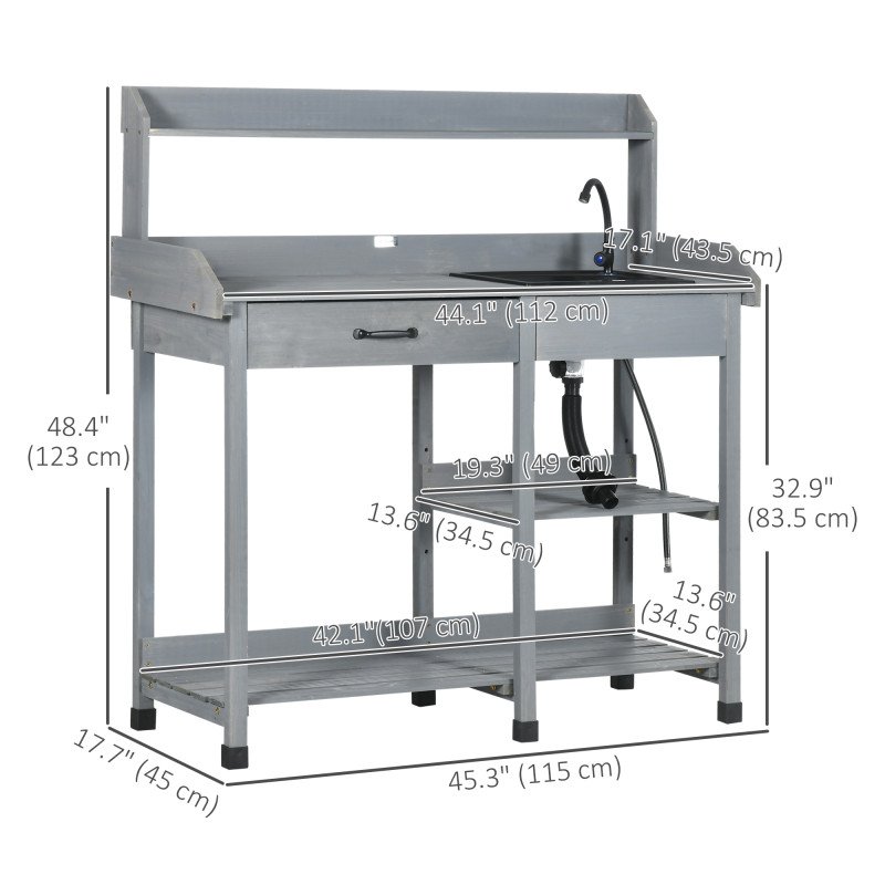 Potting Bench Table Garden Work Bench Workstation with Drawer, Removable Sink and Hooks, 45.3" x 17.7" x 48.4", Grey