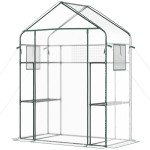 Walk-in Greenhouse with 4 Shelves, 56" x 29" x 77" Mini Greenhouse ,Roll-Up Door, Mesh Windows for Seedling, Flowers, Plant Growing, Clear