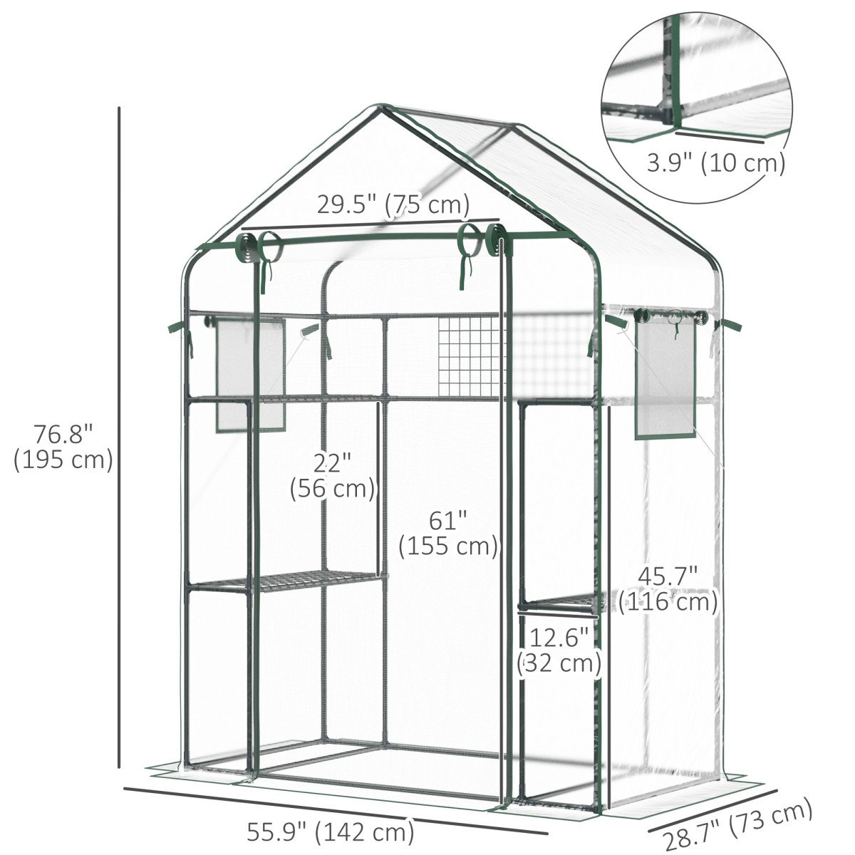 Walk-in Greenhouse with 4 Shelves, 56" x 29" x 77" Mini Greenhouse ,Roll-Up Door, Mesh Windows for Seedling, Flowers, Plant Growing, Clear