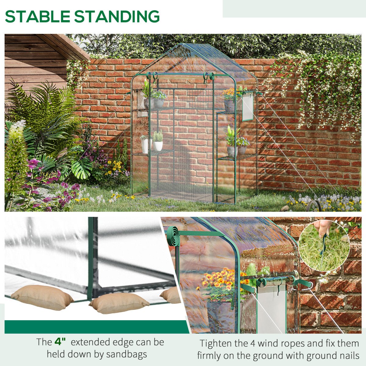 Walk-in Greenhouse with 4 Shelves, 56" x 29" x 77" Mini Greenhouse ,Roll-Up Door, Mesh Windows for Seedling, Flowers, Plant Growing, Clear