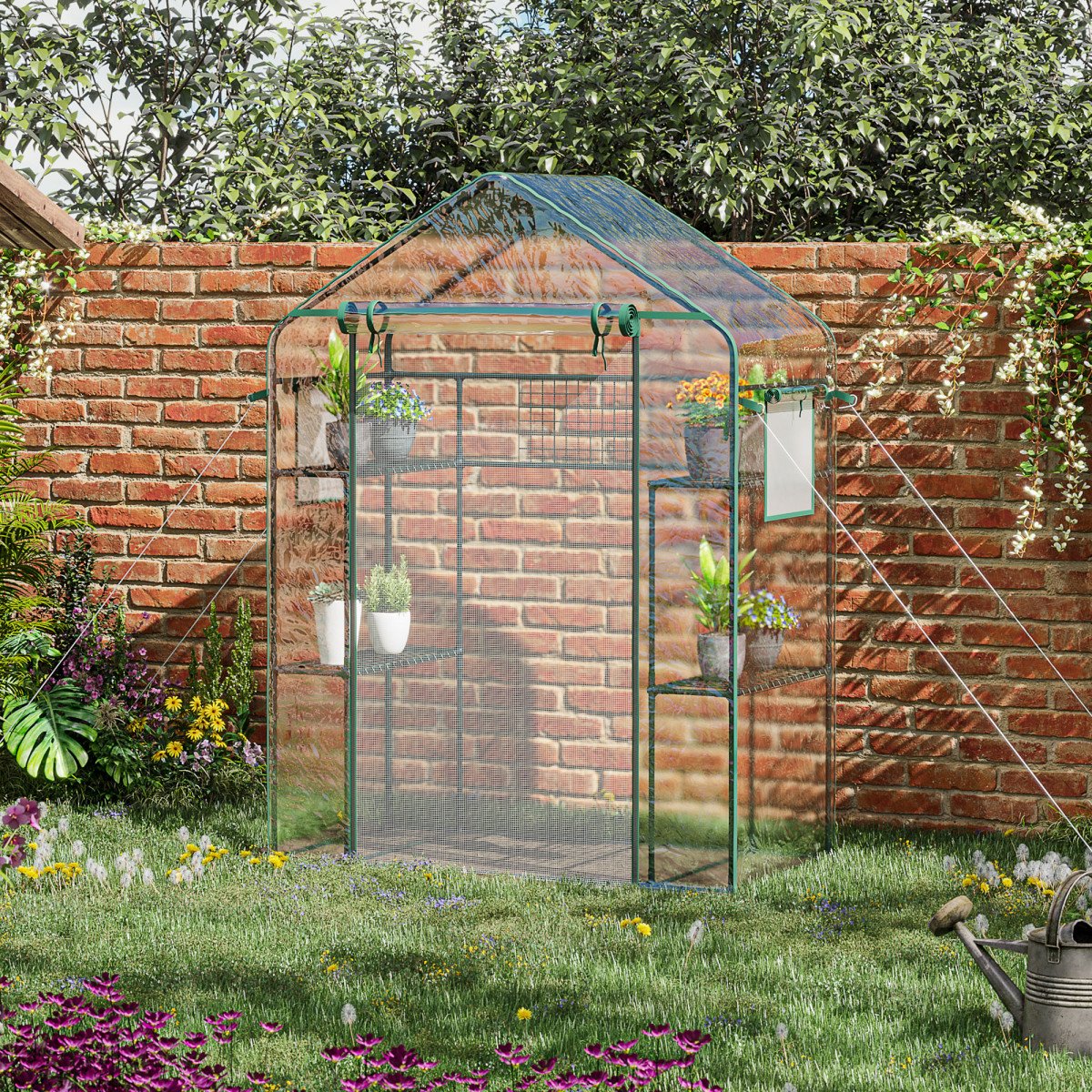Walk-in Greenhouse with 4 Shelves, 56" x 29" x 77" Mini Greenhouse ,Roll-Up Door, Mesh Windows for Seedling, Flowers, Plant Growing, Clear