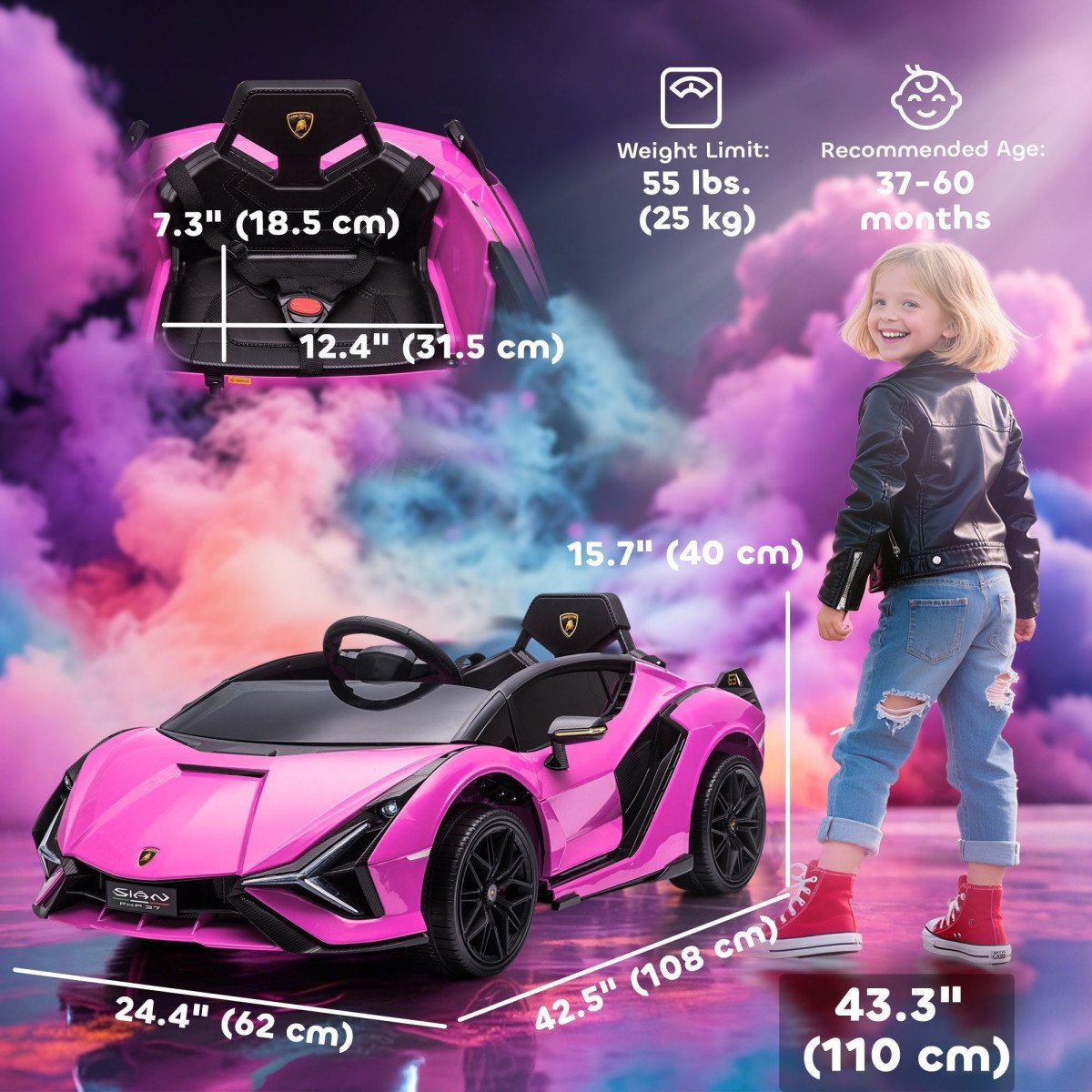 12V Battery-Powered Kids Electric Ride-On Car with Parental Remote Control, Music, Lights, and MP3 Input for Ages 3–5, Pink