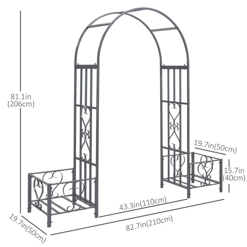 7FT Metal Garden Arch with 2 Planter Boxes, Decorative Outdoor Walkway Arbor for Climbing Vine Plants for Patio Backyard Lawn Party Ceremony, Dark Grey