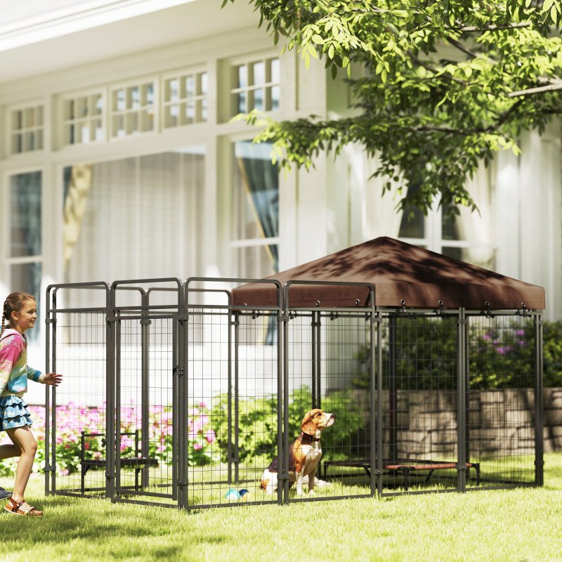 Dog Kennel Outdoor with Waterproof Canopy, Dog Run with Galvanized Chain Link for Large and Medium Dogs, Black