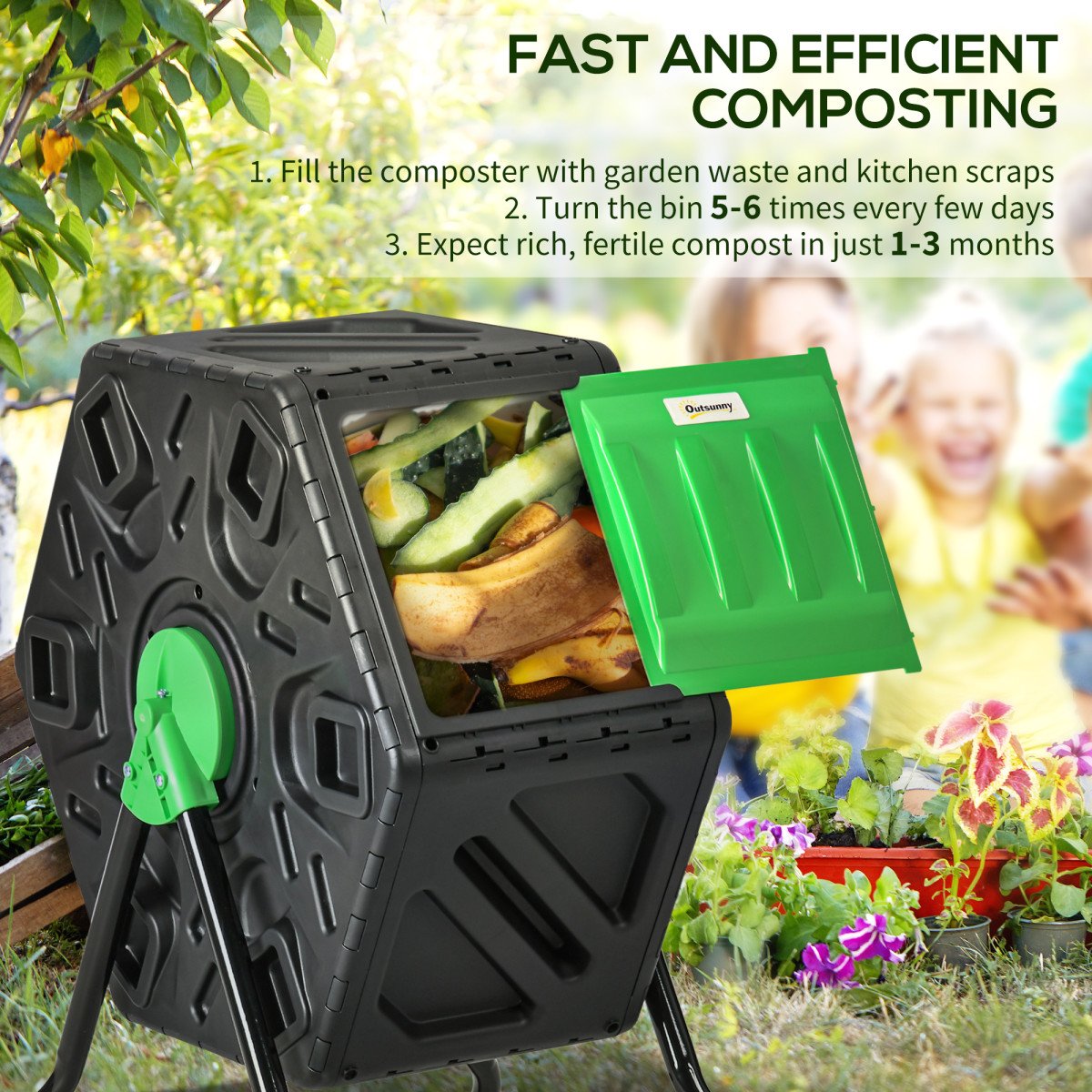 Rotating Composter, Compost Bin with 24 Vents and Steel Legs, 17 Gallon, Green