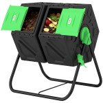 Rotating Composter, Dual Chamber Compost Bin with 24 Vents and Steel Legs, 34.5 Gallon, Green