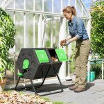 Rotating Composter, Dual Chamber Compost Bin with 24 Vents and Steel Legs, 34.5 Gallon, Green