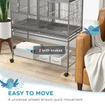 61"H Divided Breeder Bird Cage with Rolling Stand Removable Metal Tray, Storage Shelf, Wood Perch, and Food Container, Dark Grey